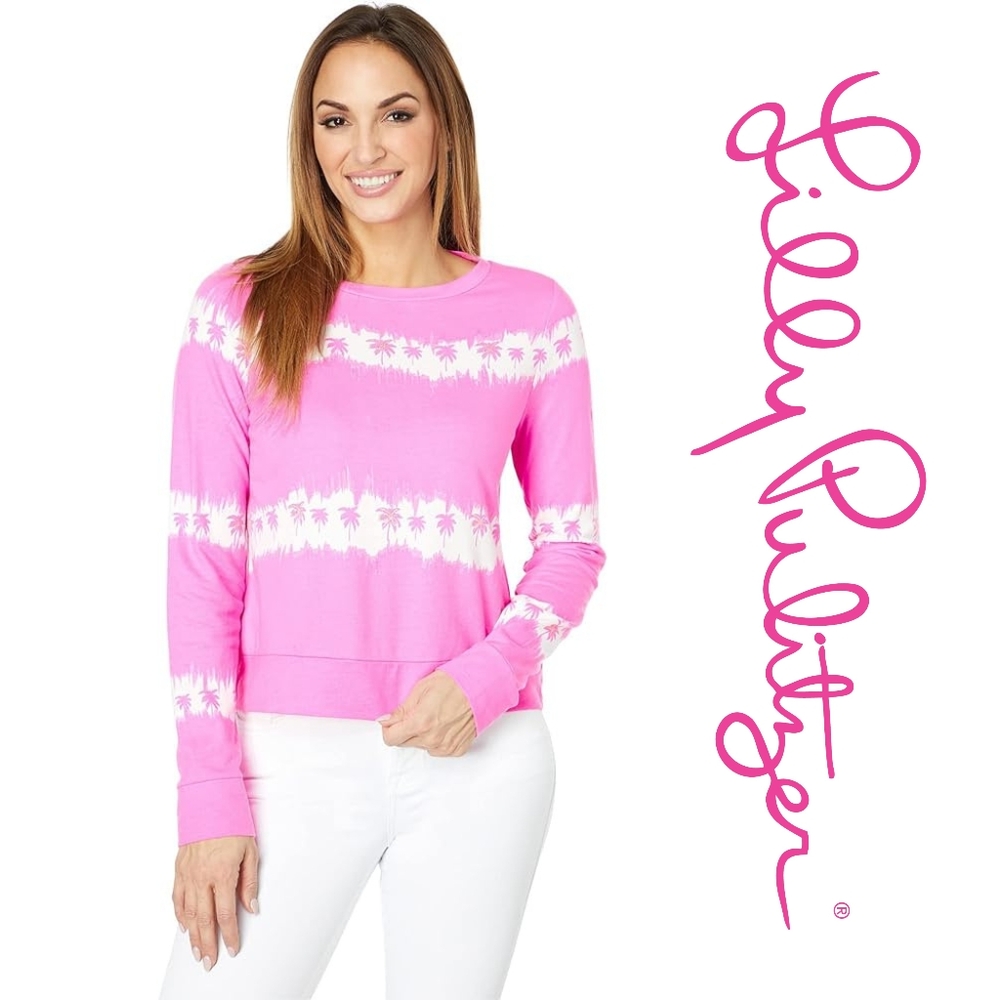 Lilly Pulitzer - Gayl Sweatshirt Plumeria Pink Paradise Palm Tie-Dye Stripe SM - Picture 4 of 4